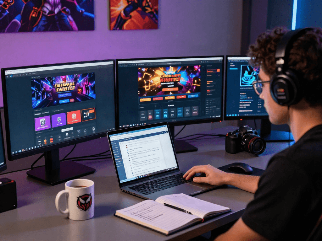먹튀스팟 검증사이트 safety expert reviewing online gambling platforms in a modern workspace with multiple monitors and gaming graphics