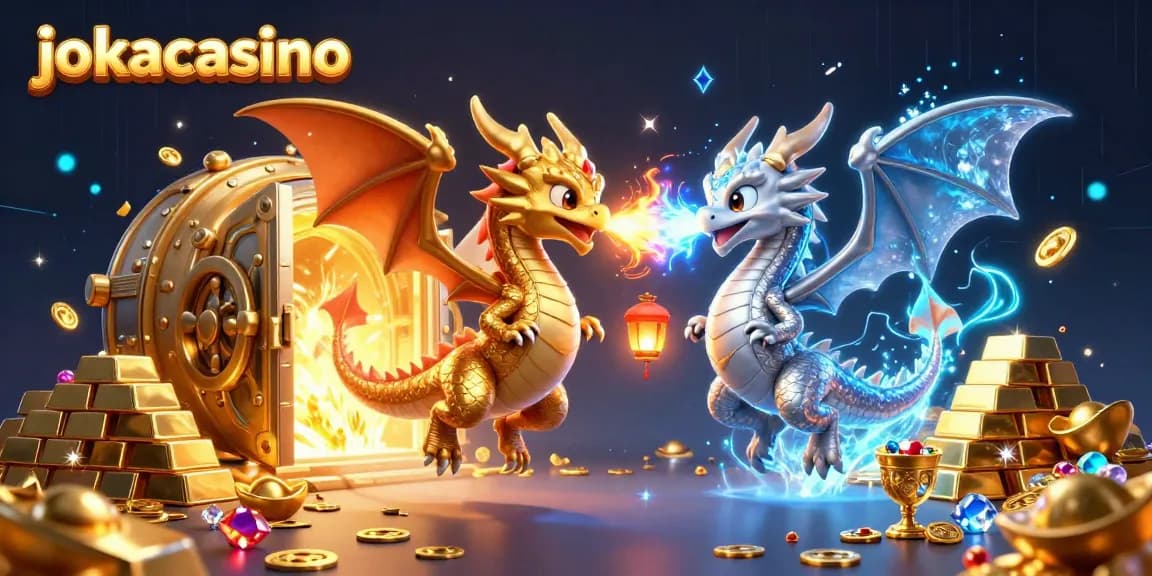 Experience the magic of jokacasino with animated dragons unleashing fire and ice in a rich treasure scene.