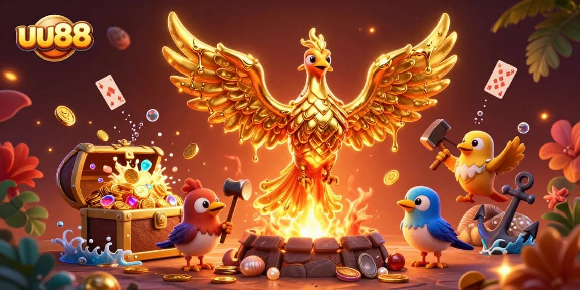 Experience the golden prosperity of uu88 with stunning casino elements and a magical phoenix scene.