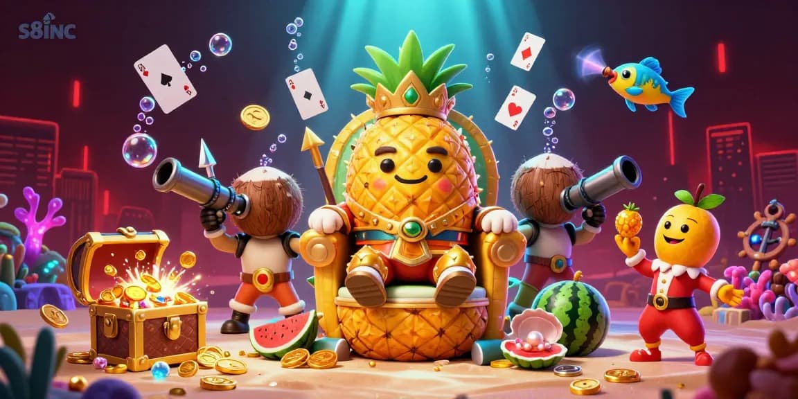 S8inc's vibrant casino scene showcases a golden pineapple king and lively characters amidst treasures and gaming action.