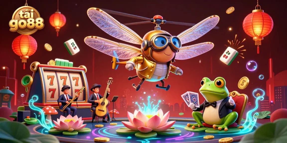 Play and win with tải go88 at a vibrant lily pad casino illustration with unique characters.