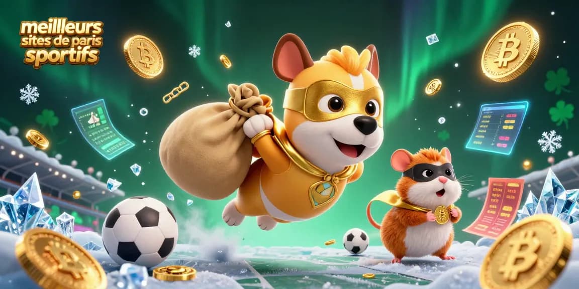 Illustration représentant les meilleurs sites de paris sportifs avec un chien super-héros et un hamster en action.
