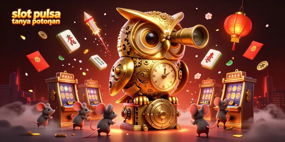 Permainan slot pulsa tanpa potongan dengan karakter unik dalam ilustrasi kasino yang menarik dan penuh detail.