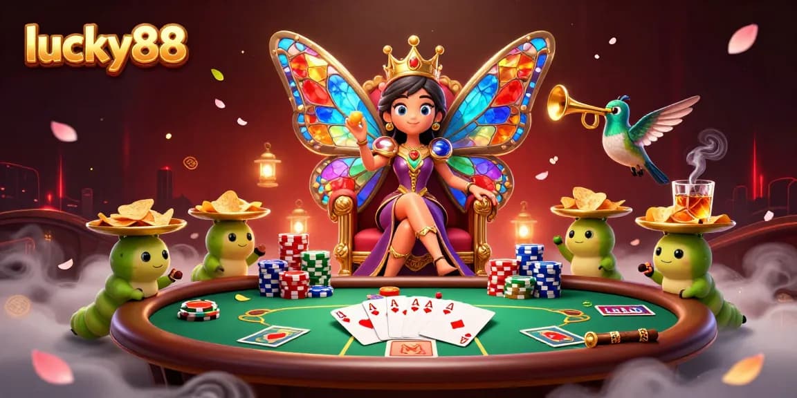Experience lucky88 with vibrant poker action featuring a butterfly queen and colorful chips.