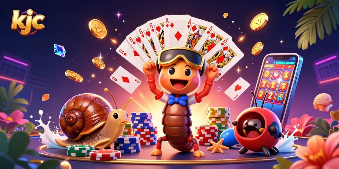 KJC casino illustration featuring a millipede dealer and snail high-roller among vibrant gaming elements and excitement.