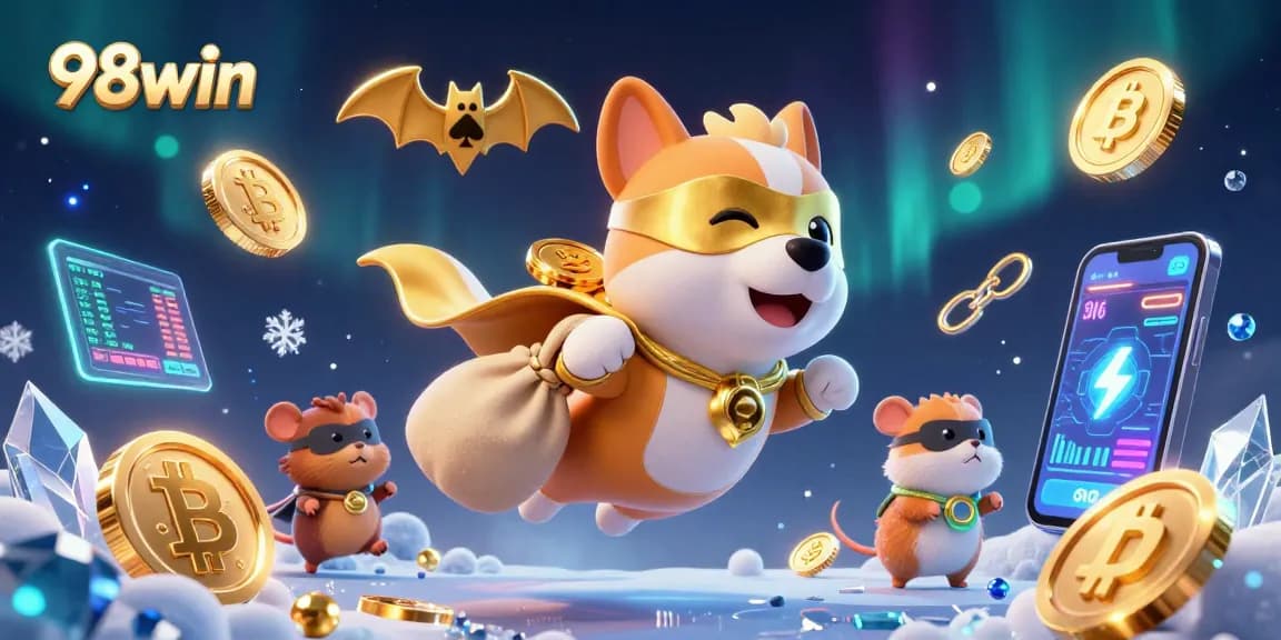 Bet on big wins with 98win's dynamic 3D illustration of a superhero dog and hamster enjoying casino adventures.