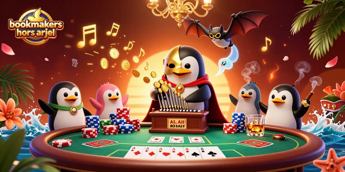 Les bookmakers hors arjel dans une illustration dynamique combinant un pingouin phantôme, des éléments de poker et une ambiance de casino.