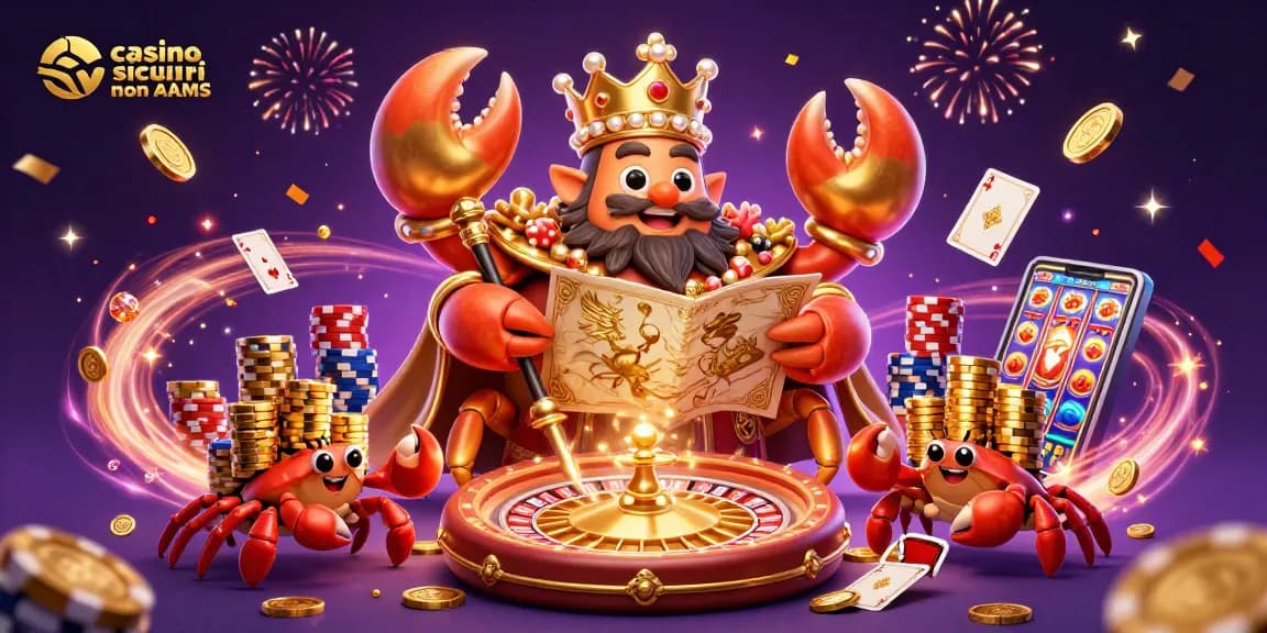 Immagine dei casino sicuri non AAMS con un granchio imperatore e giochi da casinò scintillanti.