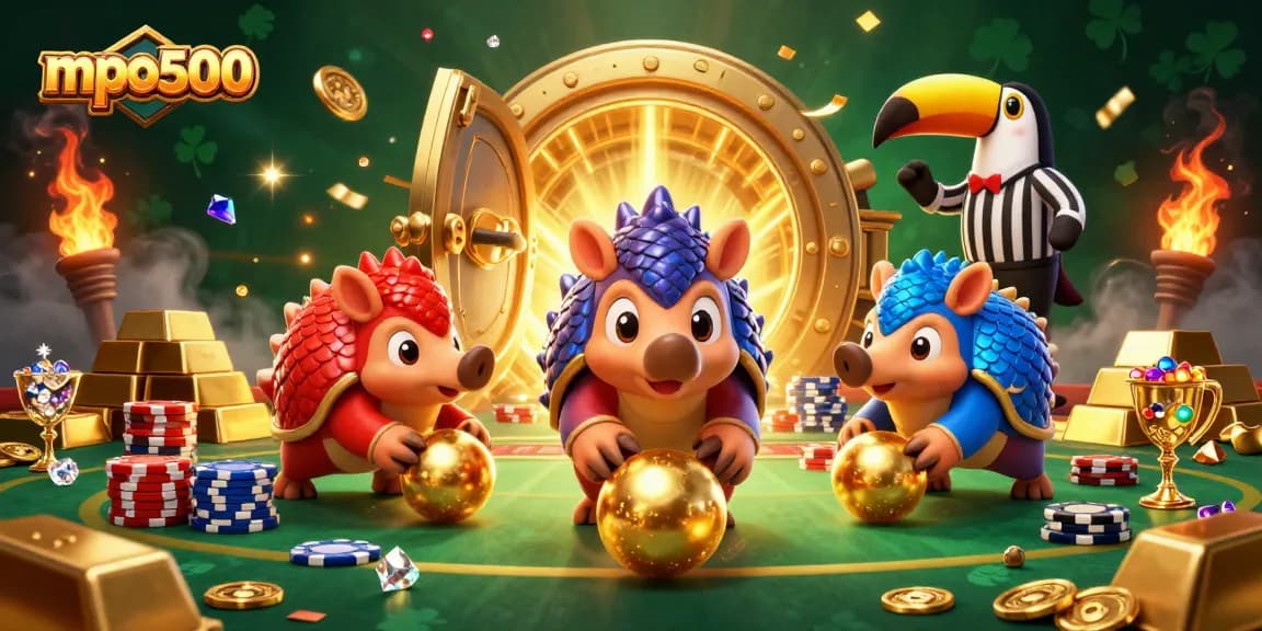 MPO500 showcases a vibrant 3D illustration of pangolins bowling through poker chips, symbolizing action and excitement in gambling.