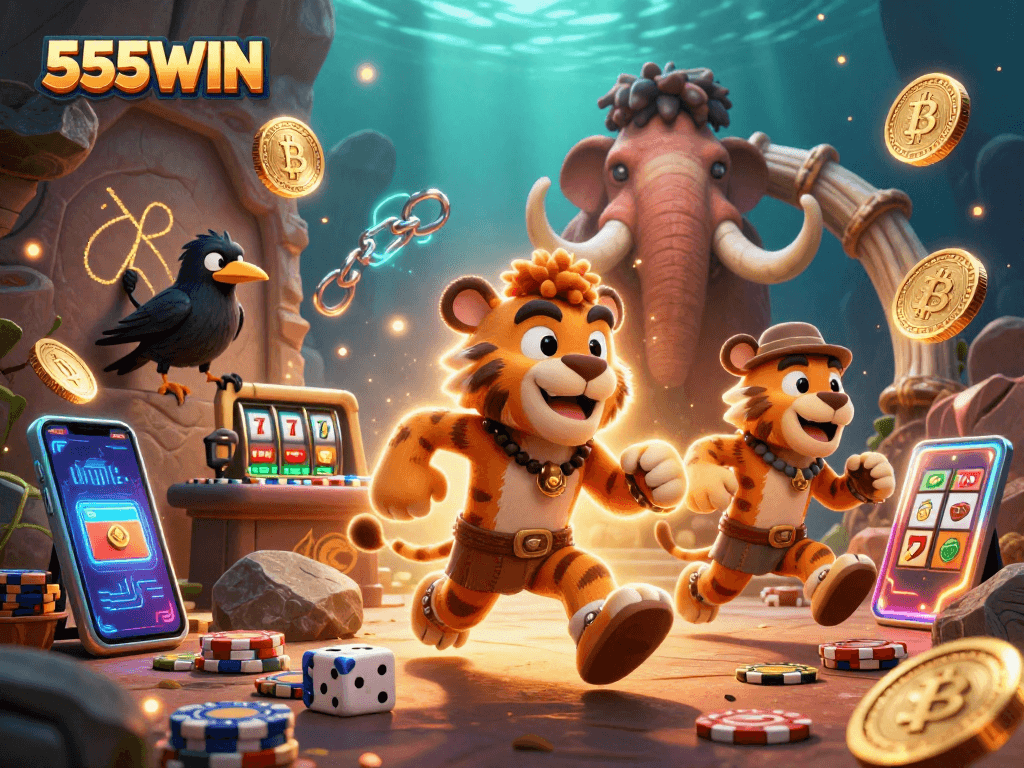 Engage with 555WIN's dynamic prehistoric casino adventure featuring a cartoon-themed caveman duo and unique game elements.