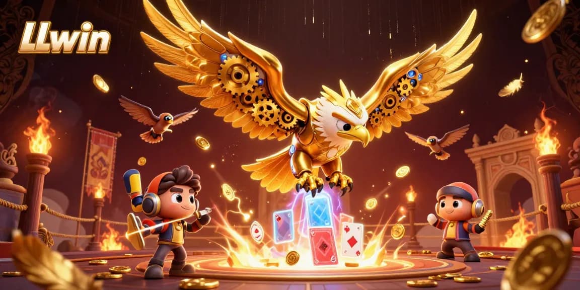 Experience thrilling gameplay at LLwin with an energetic dive of cybernetic eagle amidst dynamic casino visuals.