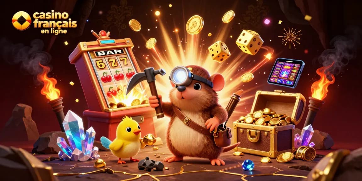 Venez découvrir le casino français en ligne avec notre illustration dynamique d'un rongeur chasseur de trésors et un canari, entourés de machines à sous.