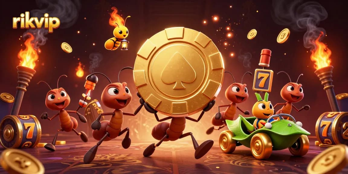 Experience thrilling gameplay at rikvip with cartoon ants carrying a giant poker chip in an exciting heist scene.