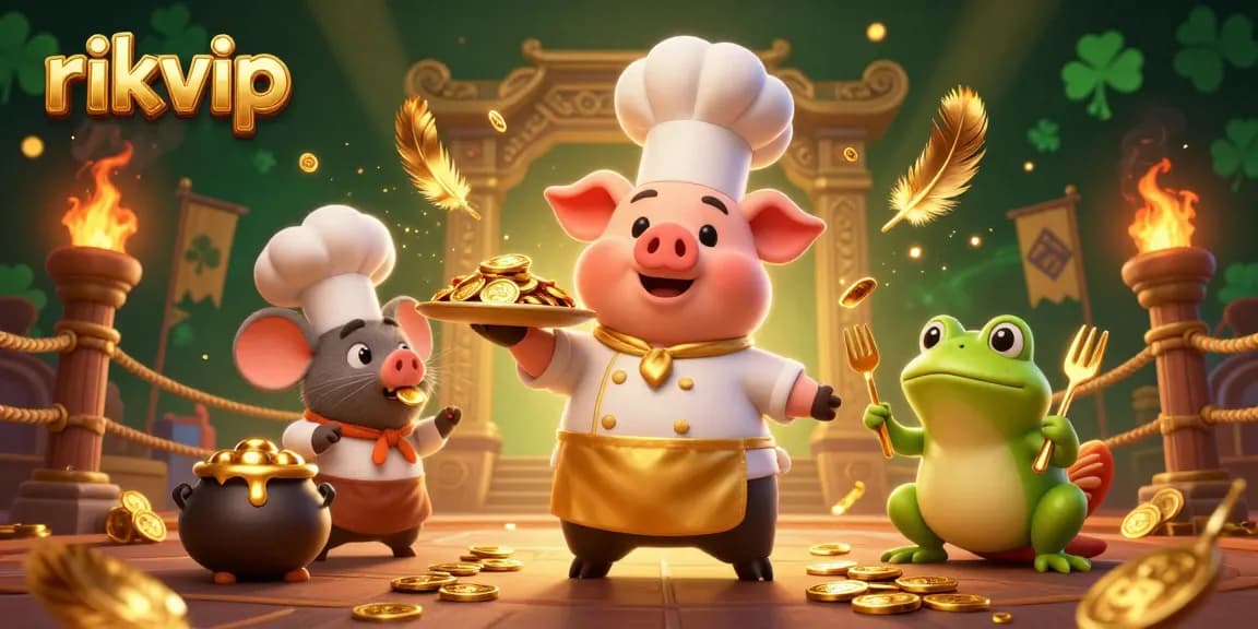 Experience the excitement at rikvip with a chef pig serving golden coins in a vibrant casino scene.