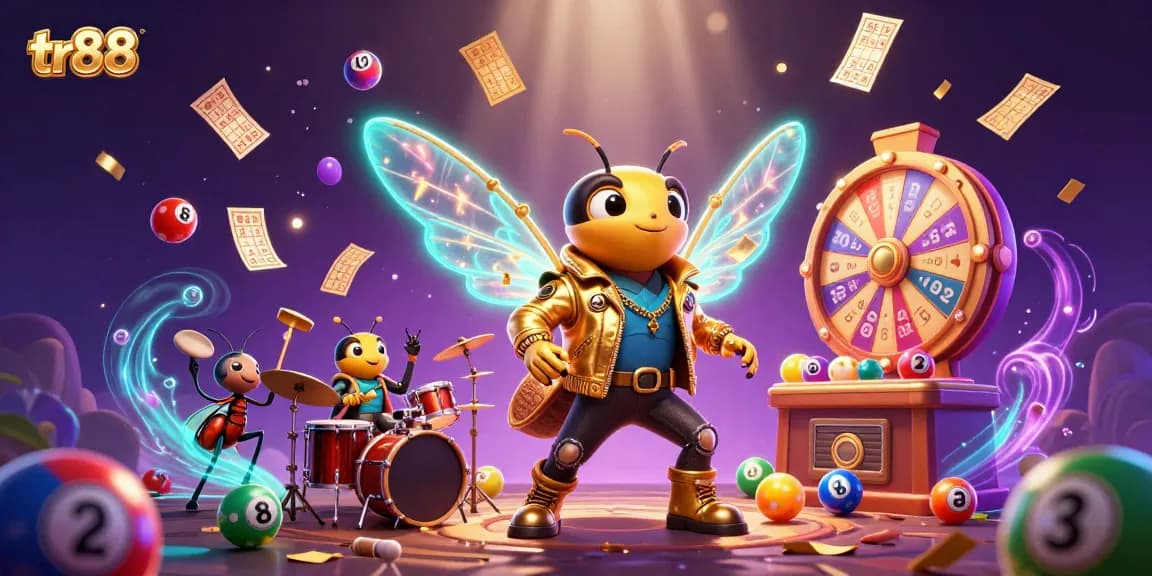 Experience dynamic gaming with tr88: colorful balls and golden tickets surround vibrant characters celebrating luck.