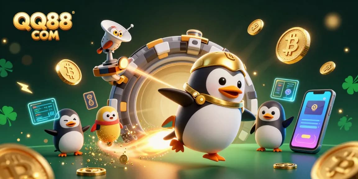 Experience exciting gaming adventures at QQ88 COM with a dynamic 3D illustration of a golden penguin and casino elements.