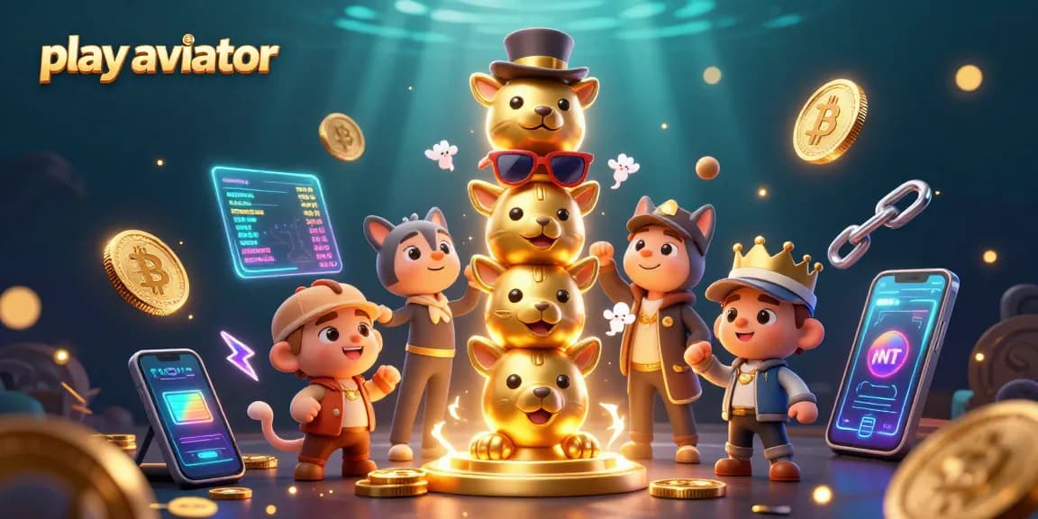 Play aviator with fun cartoon characters and vibrant casino elements in this casino-themed illustration.
