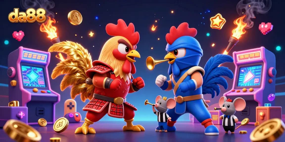 Engage with da88 through this thrilling cartoon scene of samurai and ninja roosters in a vibrant arcade setting.