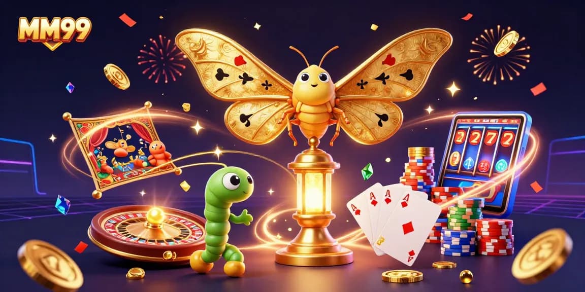 Experience the thrill of gambling with MM99, featuring a vibrant casino scene with golden coins and a royal flush.