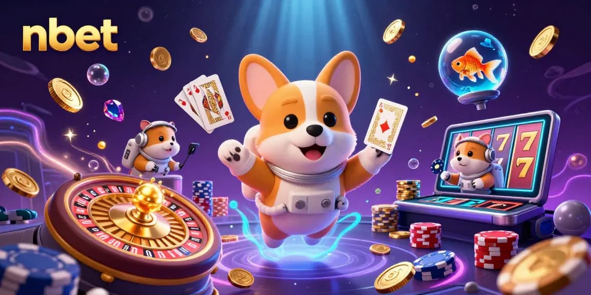 Experience the excitement of nbet casino with a floating 3D astronaut corgi, poker chips, and golden coins in a vibrant space setting.