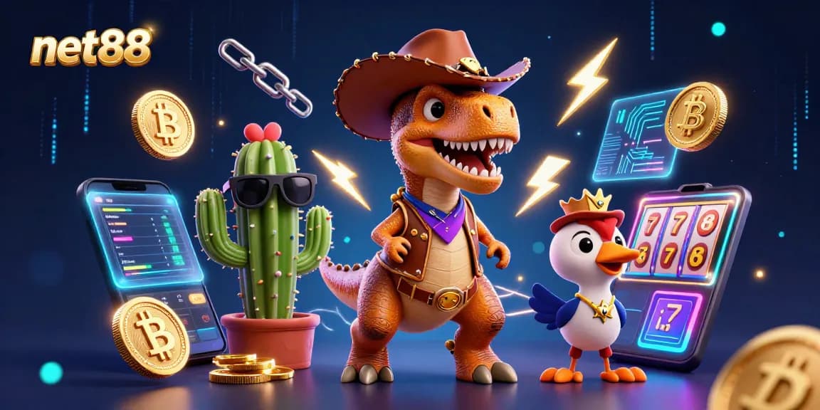 Engaging net88 casino experience with T-Rex, cactus, and roadrunner amidst crypto-themed elements