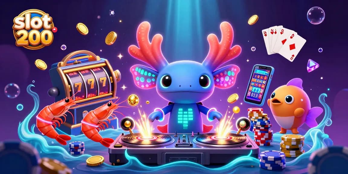 Spin to win on slot200 with vibrant axolotl DJ, glowing shrimp dancers, and riches galore.