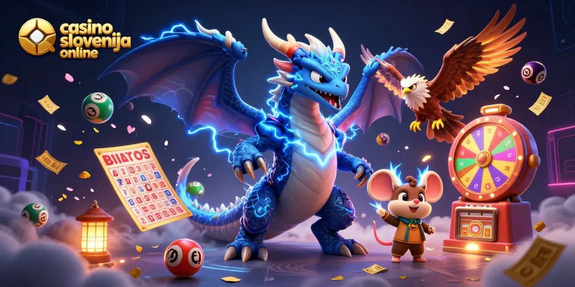 Pridruži se akciji z online casino Slovenija z dinamično ilustracijo združitve iger in likov.