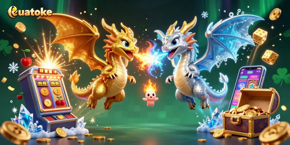 Kuatoke captures the thrill of a dynamic casino scene with intertwined dragons and vibrant gaming elements.