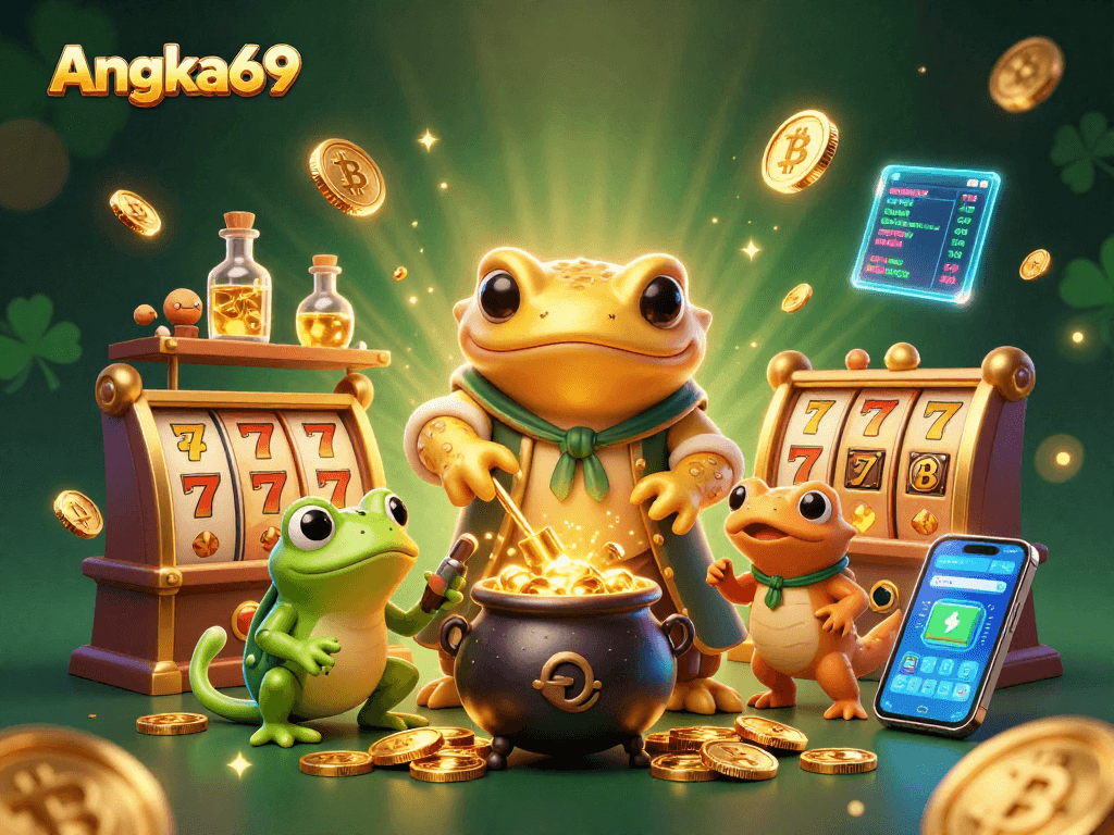 Spin and win with Angka69 at a lively slot game featuring gold coins, jackpots, and crypto elements.