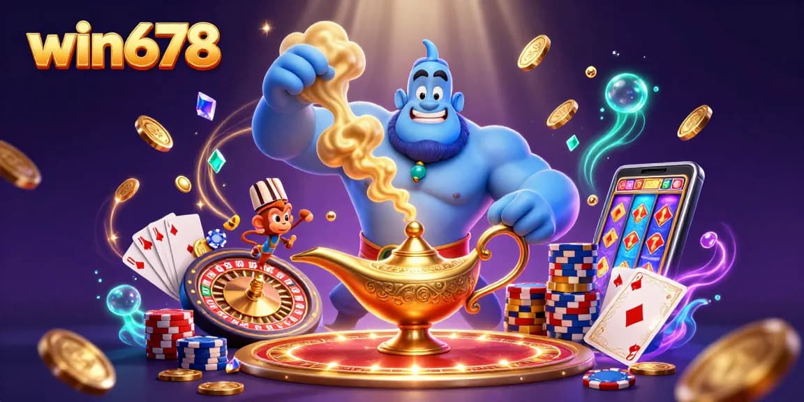 Discover win678's exciting gameplay with a genie, monkey, and poker chips in a vibrant casino scene.