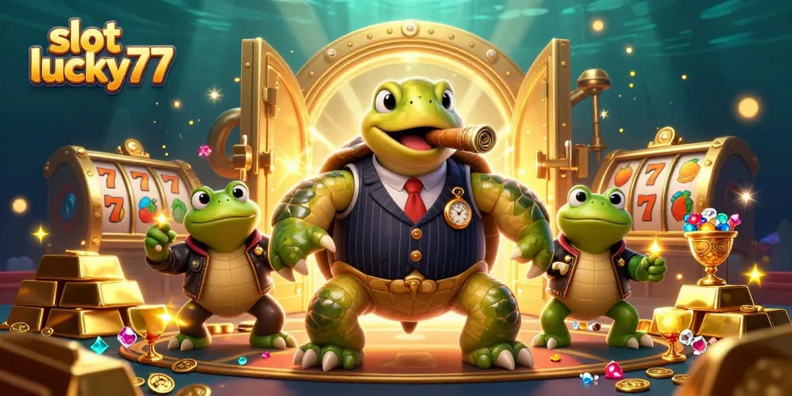 Spin and win big with slot lucky77 featuring a cartoon turtle mobster and bullfrog enforcers!