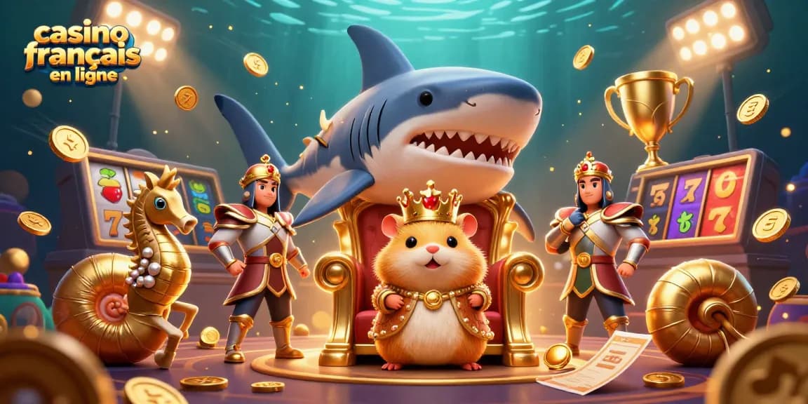 Jouer au casino francais en ligne avec un roi hamster sur son trône, entouré d'éléments de jeux.