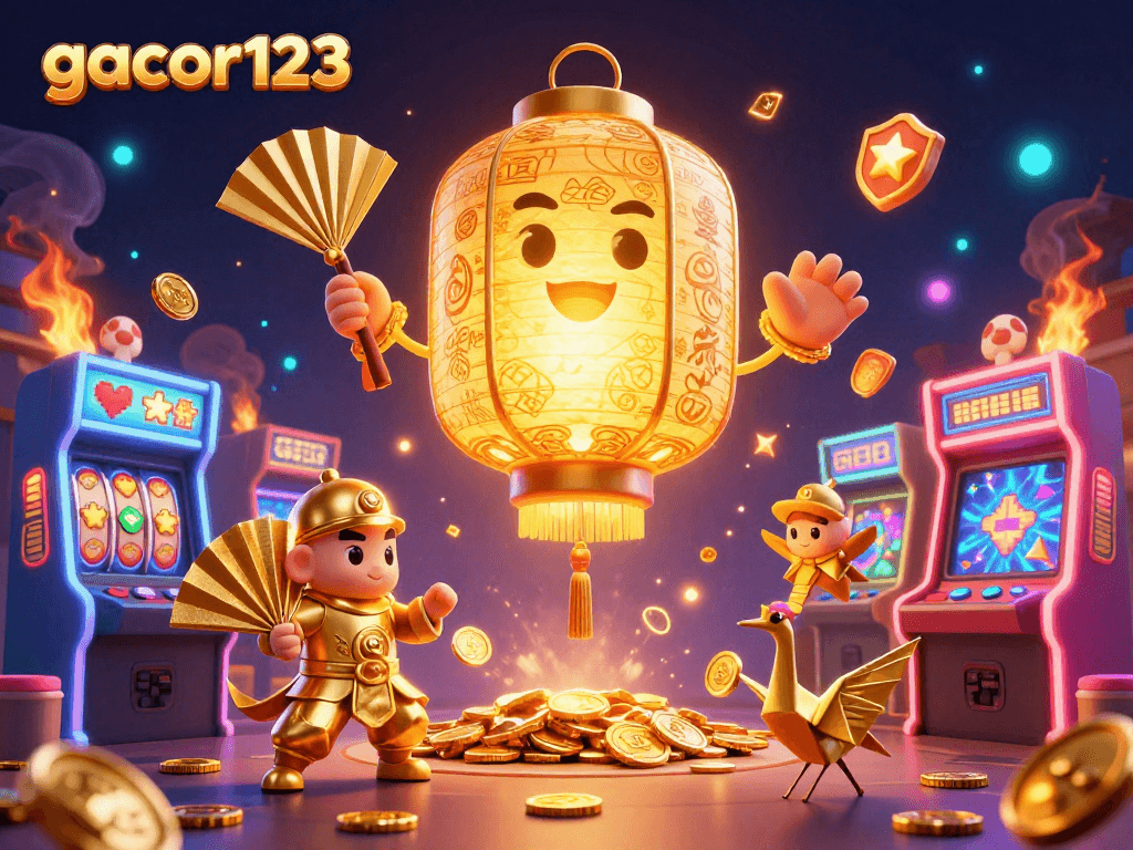 Play slots at gacor123 with vibrant 3D illustrations showcasing the casino experience and lucky symbols.