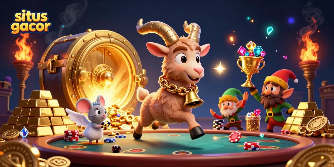 Situs gacor reveals a festive casino scene, featuring a Krampus goat, angel mouse, and elf gremlins amidst gold treasures.