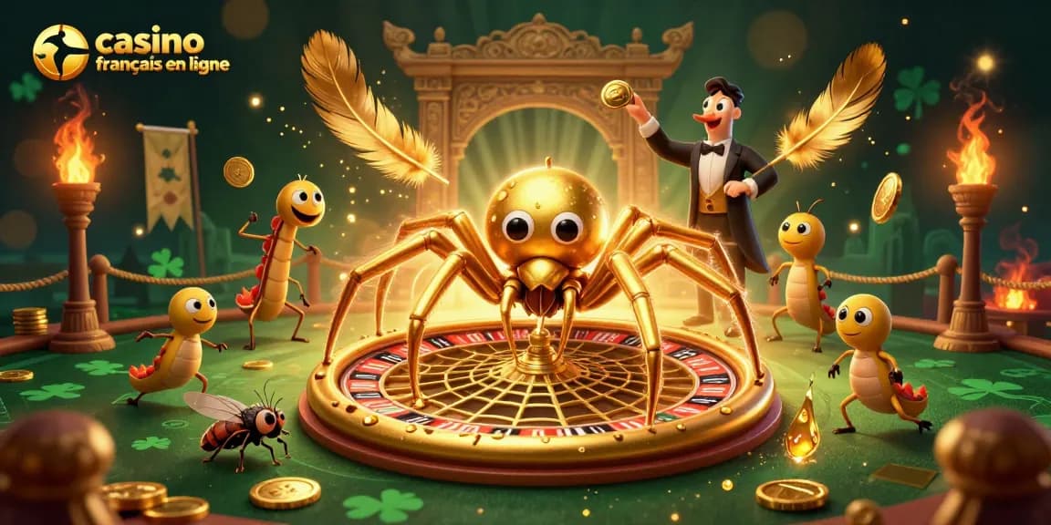 Mise en scène palpitante mettant en avant le casino français en ligne avec une araignée d'or et un croupier centipède.