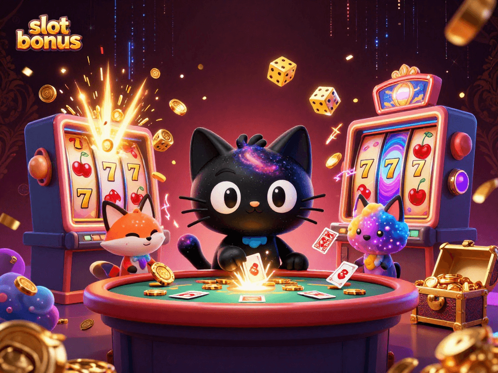Capture exciting slot bonus wins with a cosmic casino scene filled with vibrant characters and elements.