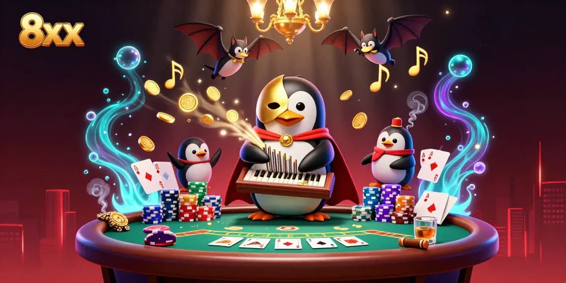 Experience exciting gameplay with 8xx's vibrant poker scene featuring a whimsical penguin.