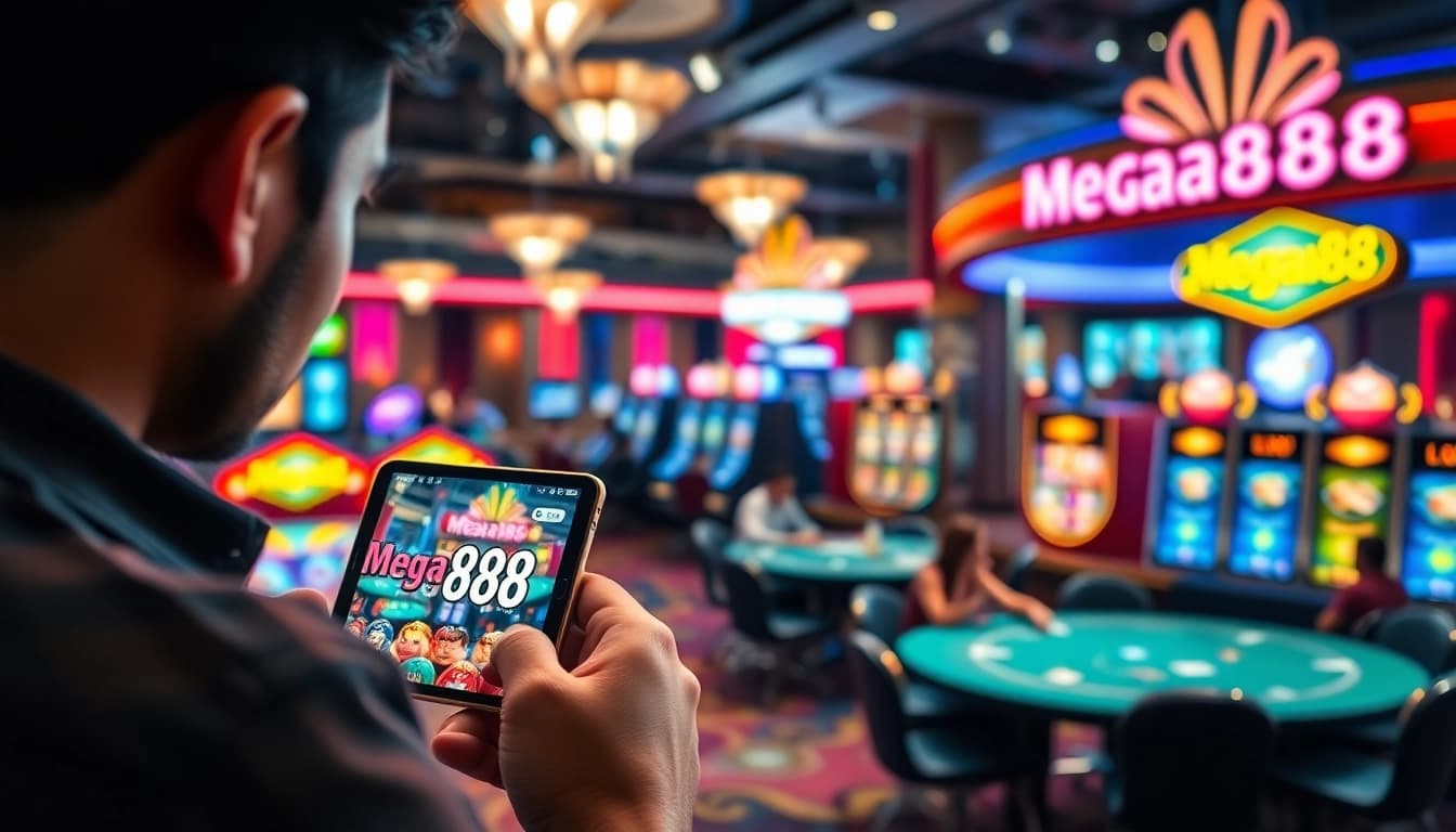 Permainan Mega888 Malaysia dalam suasana kasino yang berwarna-warni dan menarik.