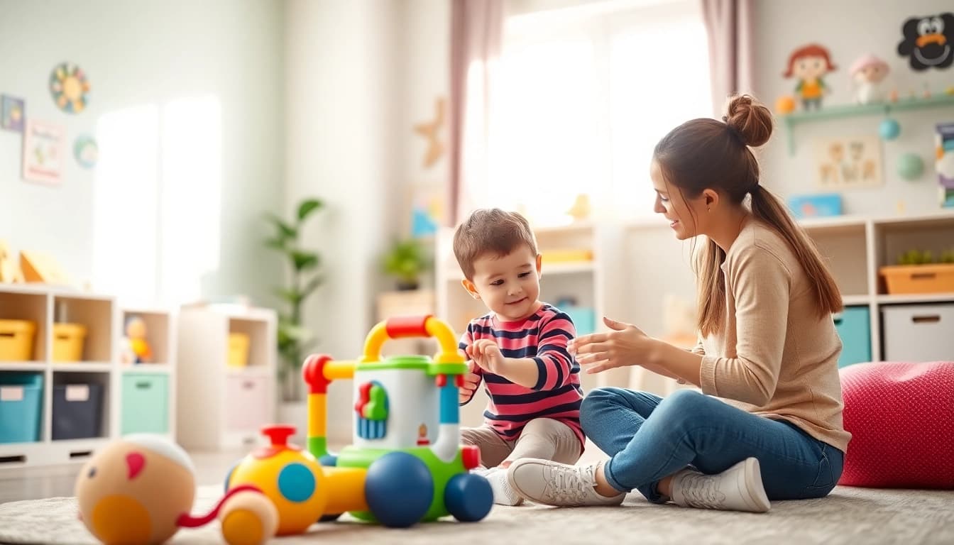 Therapist working with child during early intervention ABA session in a bright therapy room.