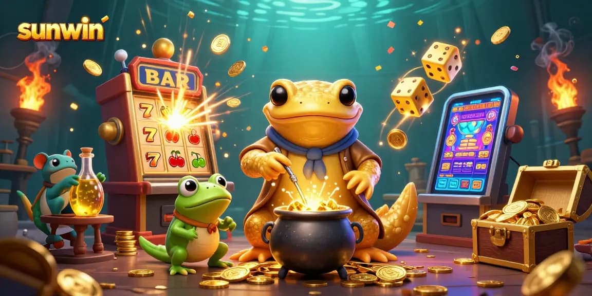 Experience sunwin's enchanting casino scene with golden alchemist characters and dynamic gaming elements.