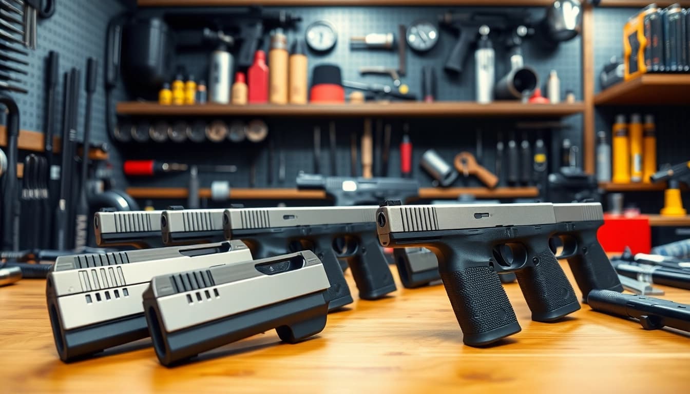 Showcasing glock 17 slides with distinct designs in a professional gun shop setting.