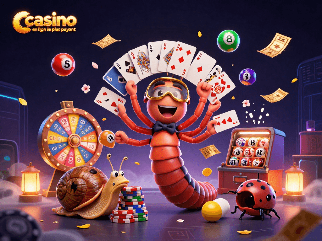 Illustration dynamique mettant en avant un casino en ligne le plus payant avec un croupier mille-pattes et des éléments de jeu captivants.