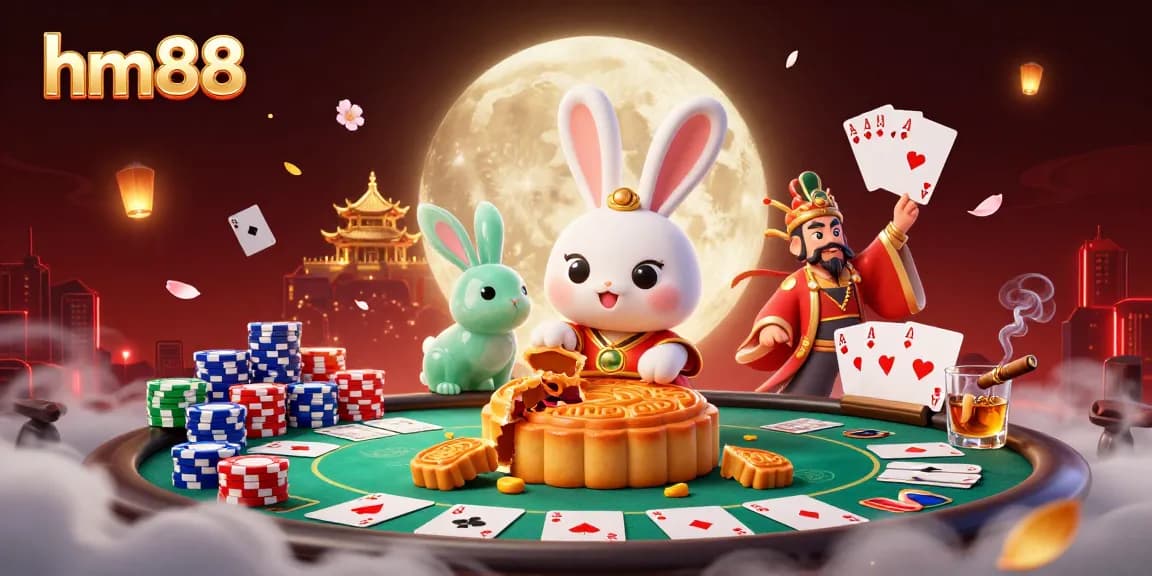 hm88 promotes an exciting scene of a moon rabbit gambling with poker chips and casino elements