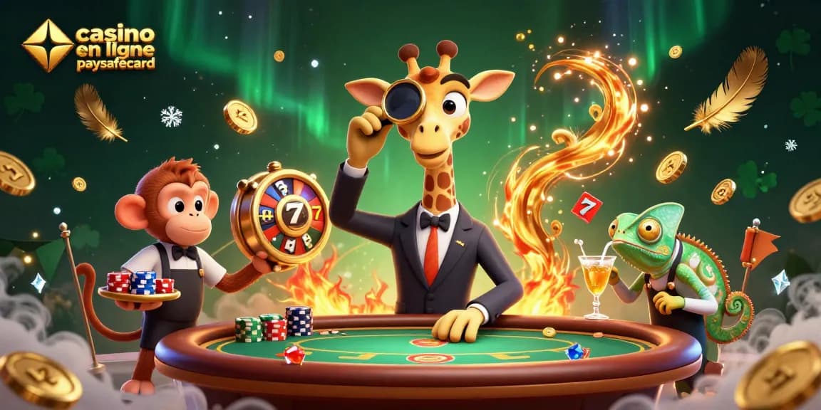 Jouez dans un casino en ligne paysafecard avec une girafe, un valet et un barman, ambiance luxueuse.