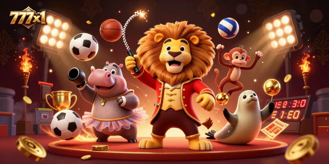 Engage with thrilling games at 777x1, featuring vibrant circus animals in a dynamic casino scene.