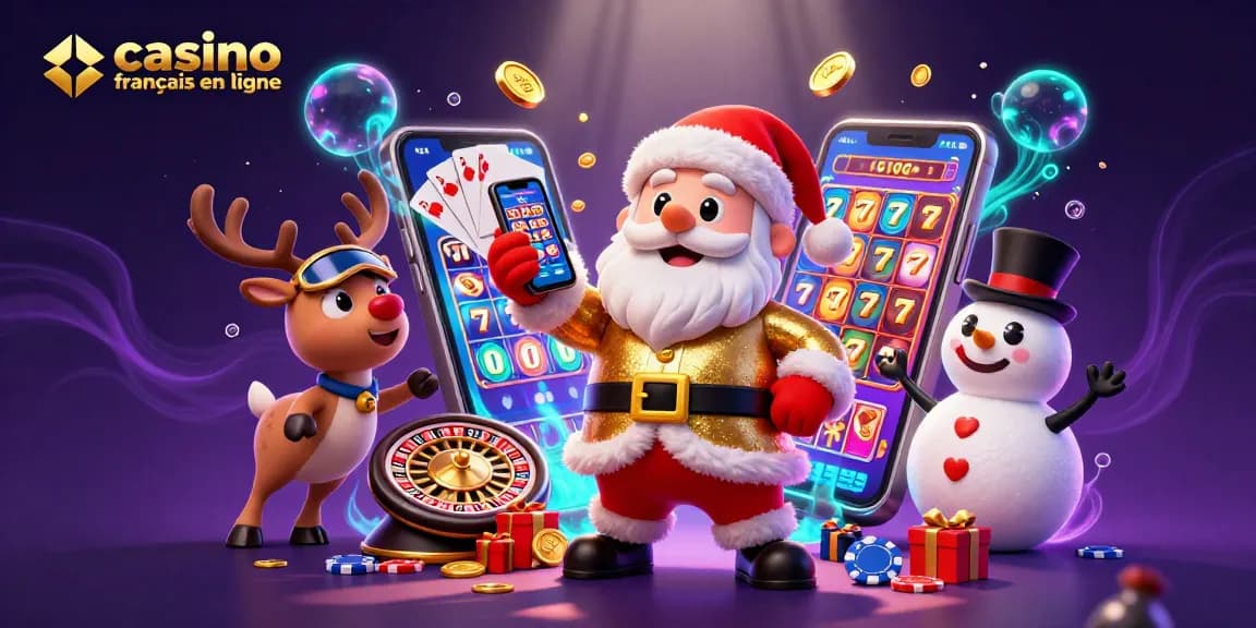Le casino français en ligne s'anime avec Santa, un renne et un bonhomme de neige, entourés de jeux d'argent.