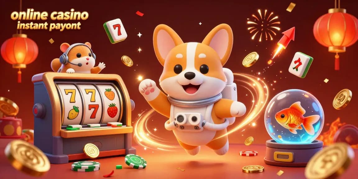 Engage with online casino instant payout action featuring a cheerful astronaut corgi amidst dynamic casino elements.