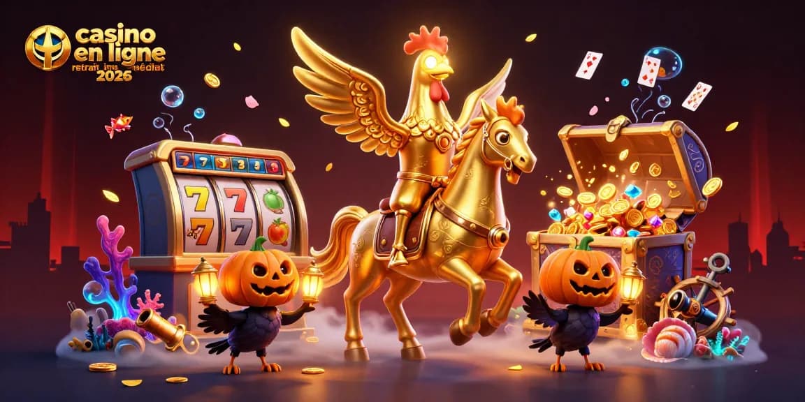 Une illustration d'un casino en ligne avec retrait immédiat 2026, mettant en scène un coq d'or et des corbeaux lumineux.