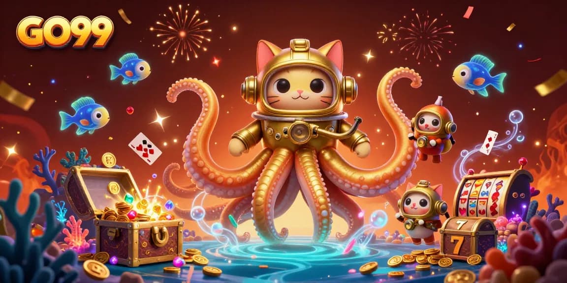 Experience excitement in GO99 with a kraken, diving cat, and colorful casino treasures.