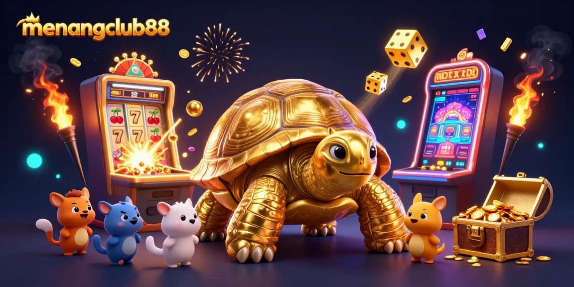 Engage with menangclub88's thrilling slot machine adventure featuring vibrant golden elements and animated characters.